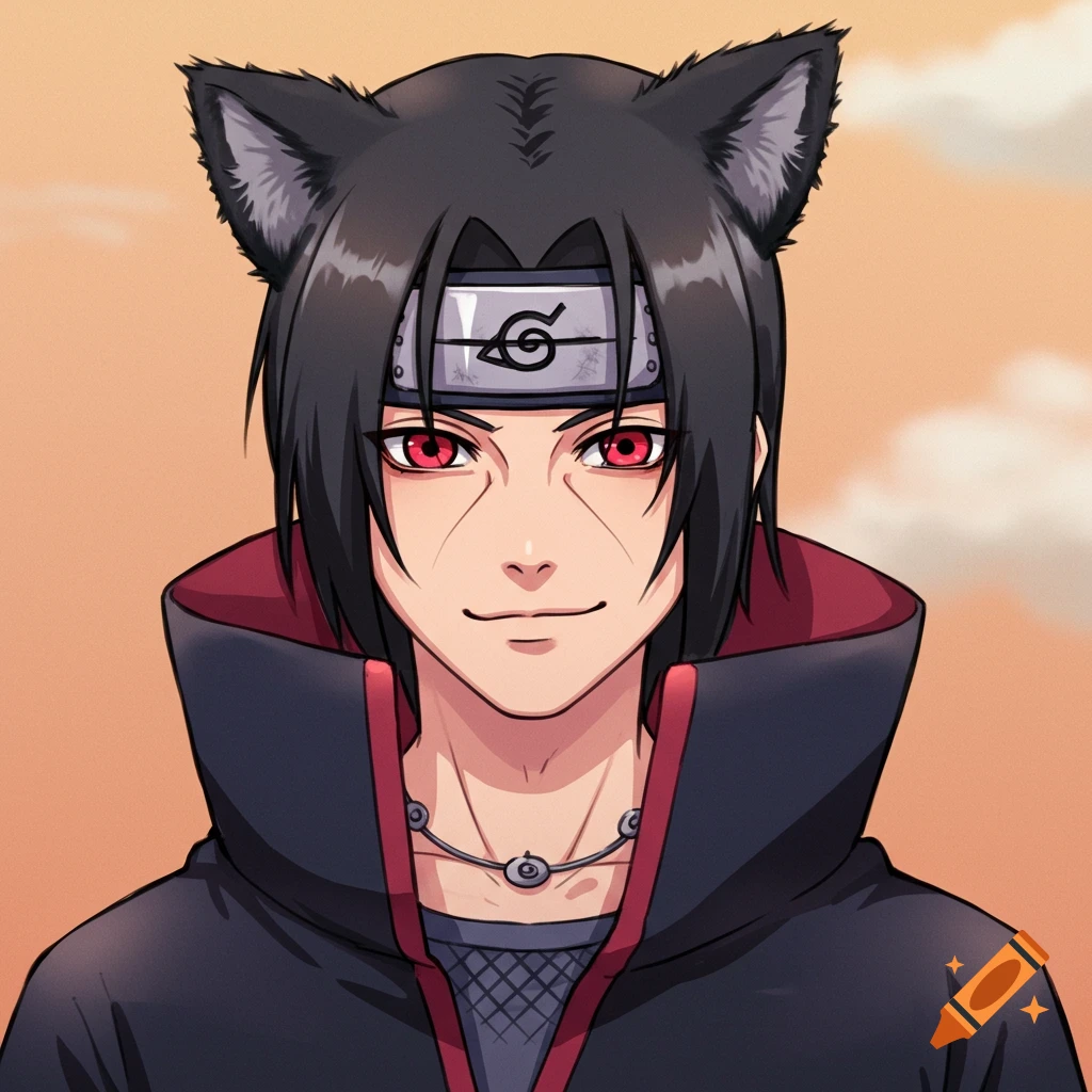 Anime portrait of Itachi Uchiha from Naruto wearing cat ears.