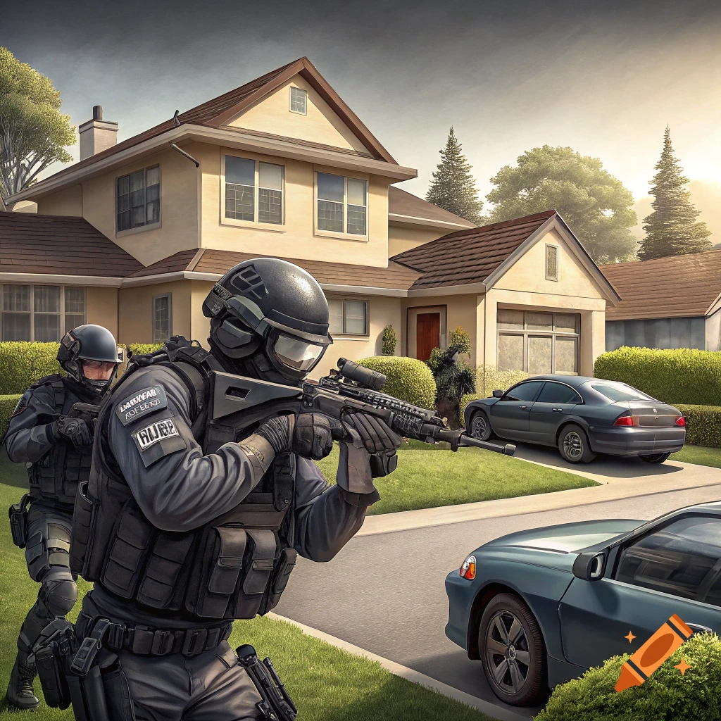 Photorealistic image of two armed tactical agents standing in front of a suburban house and cars.