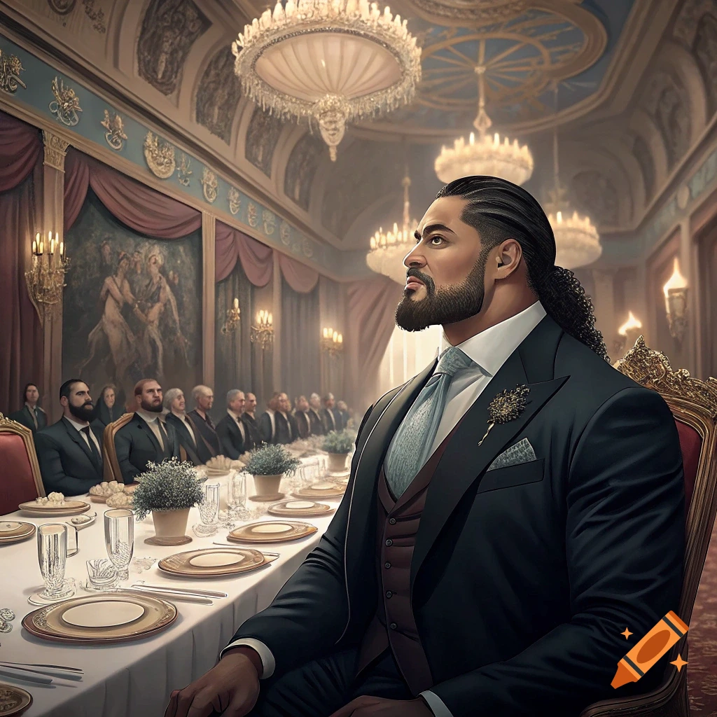 Man in suit at head of ornate dining table in a formal room.