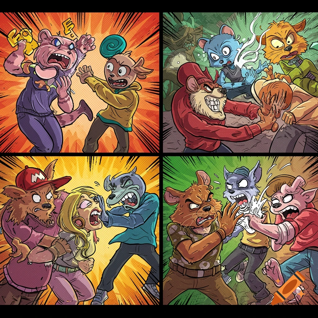 Four comic book panels showing anthropomorphic animals fighting in a hand-drawn style.
