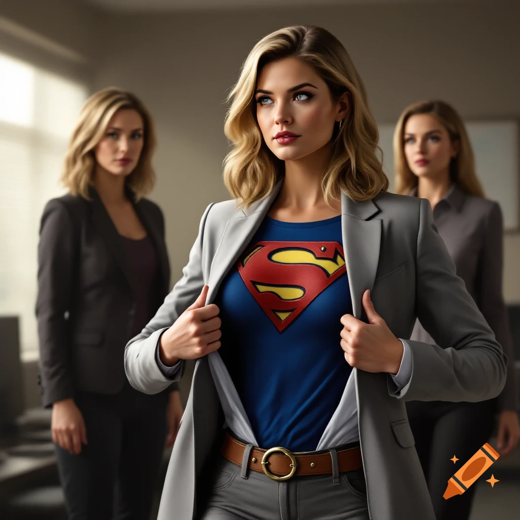 Supergirl is in an office, opening her blazer to show the Superman logo on her shirt, with two women in the background.