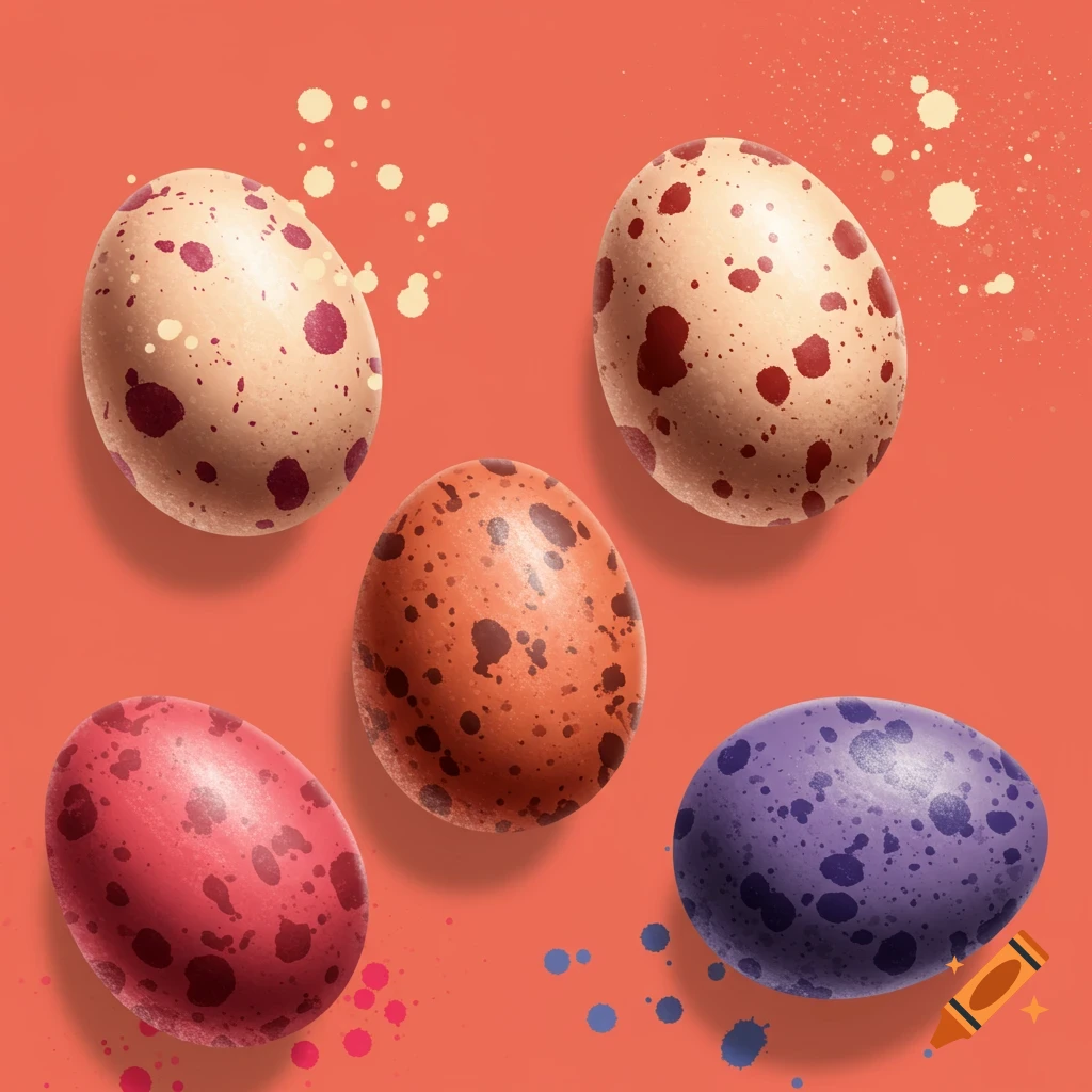 Several speckled eggs on a peach background.