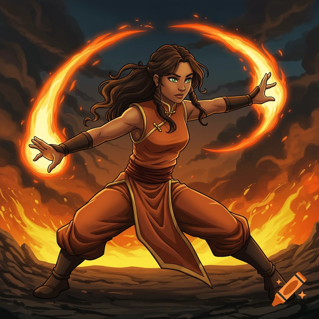 Comic style woman firebending in a fighting stance against a background of fire and smoke.