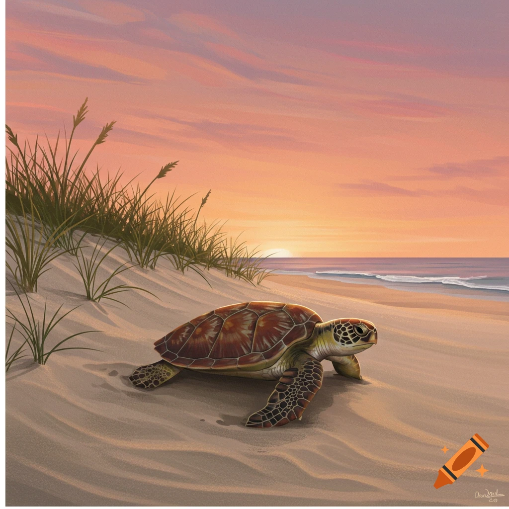 A sea turtle walks on a sandy beach towards the ocean at sunset.