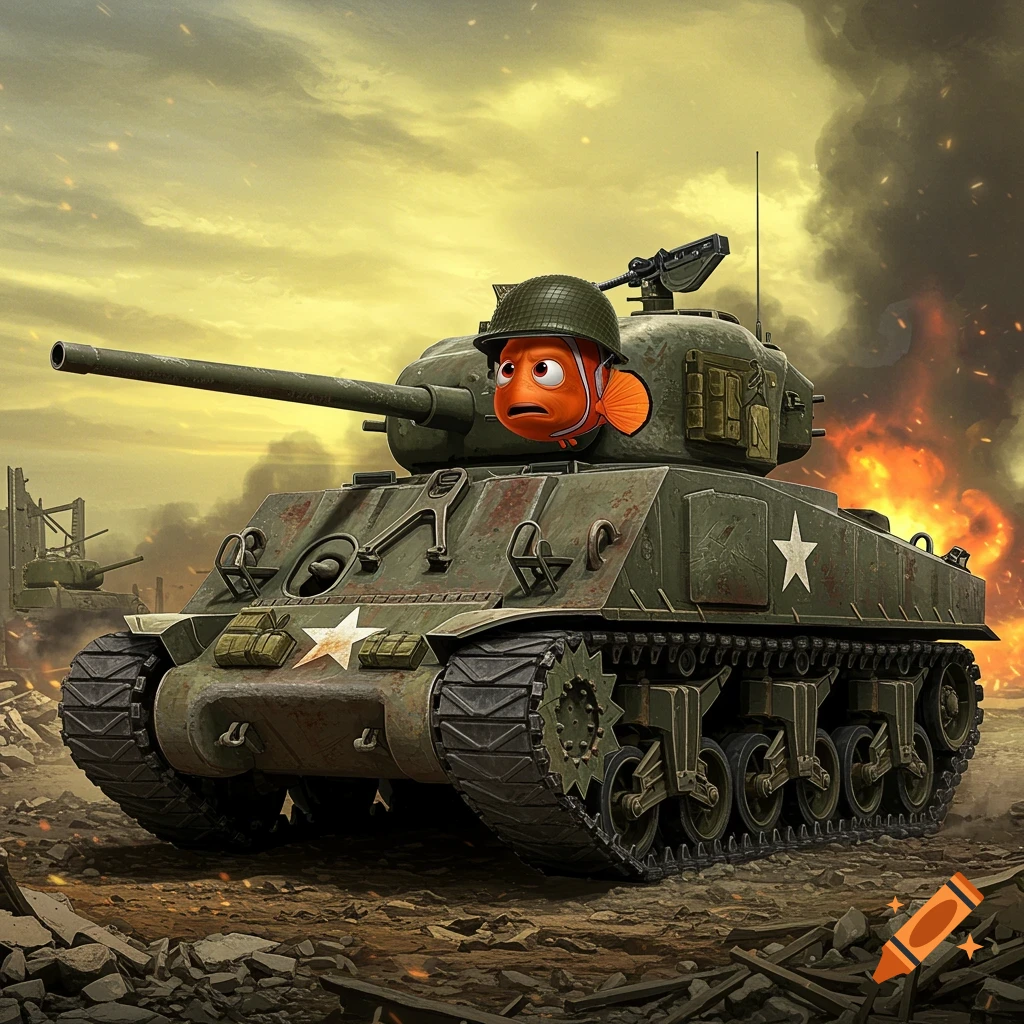Nemo from Finding Nemo is in a WWII tank on a battlefield.