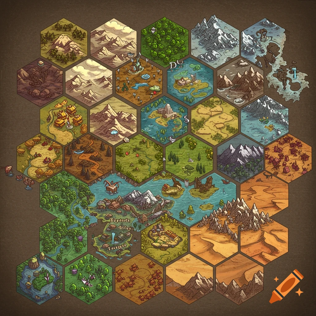 A detailed fantasy hex map showing various landscapes and settlements.