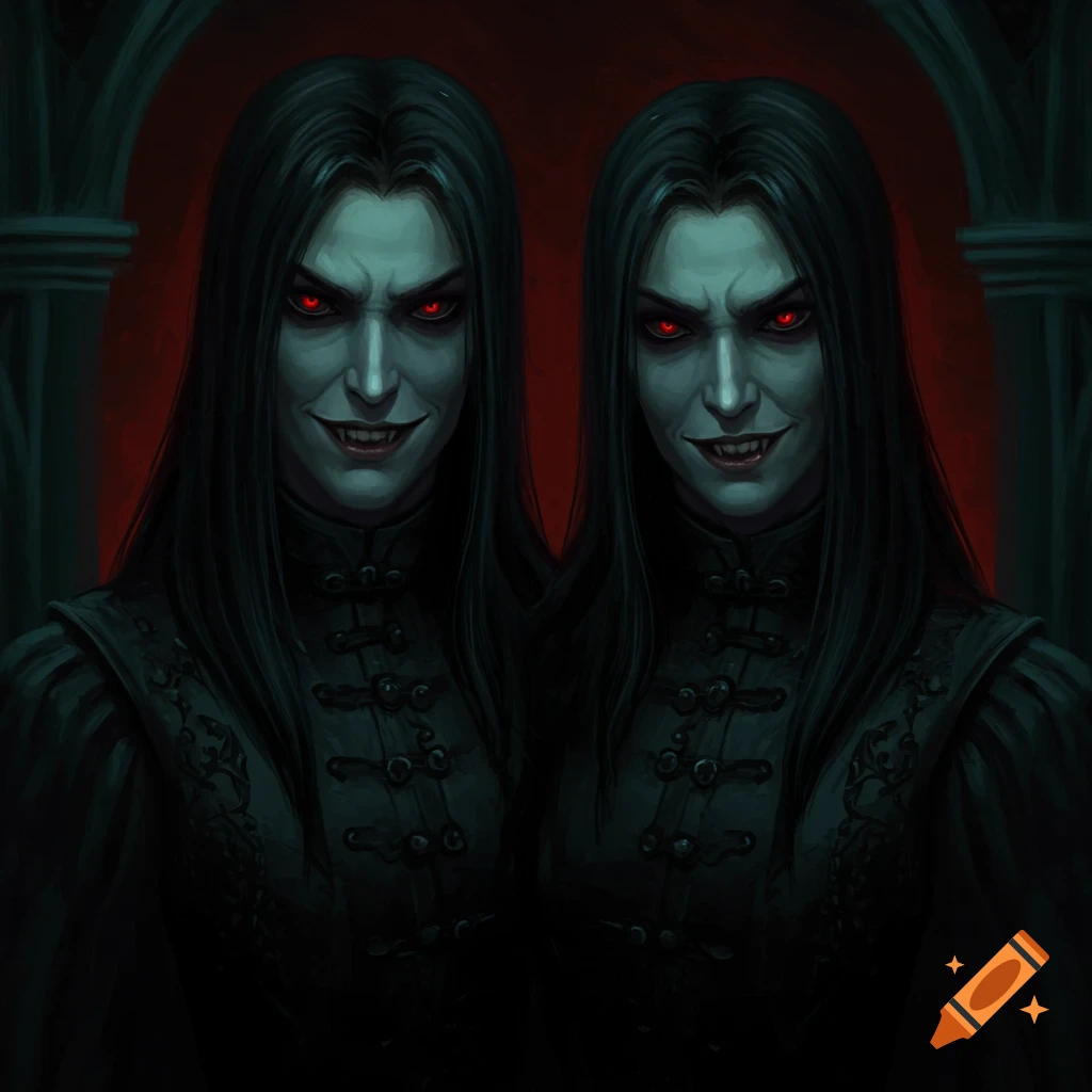 Two identical vampire-like figures with long dark hair, red eyes, and fangs.
