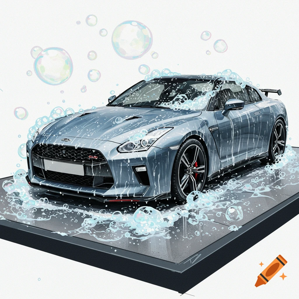 A bluish-gray sports car being washed with soap and bubbles on a dark platform.