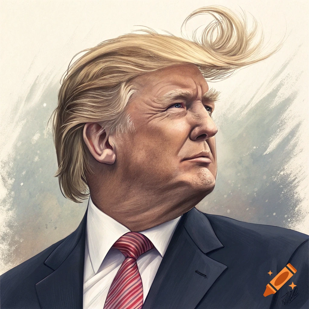 Stylized portrait of Donald Trump in a suit and red tie