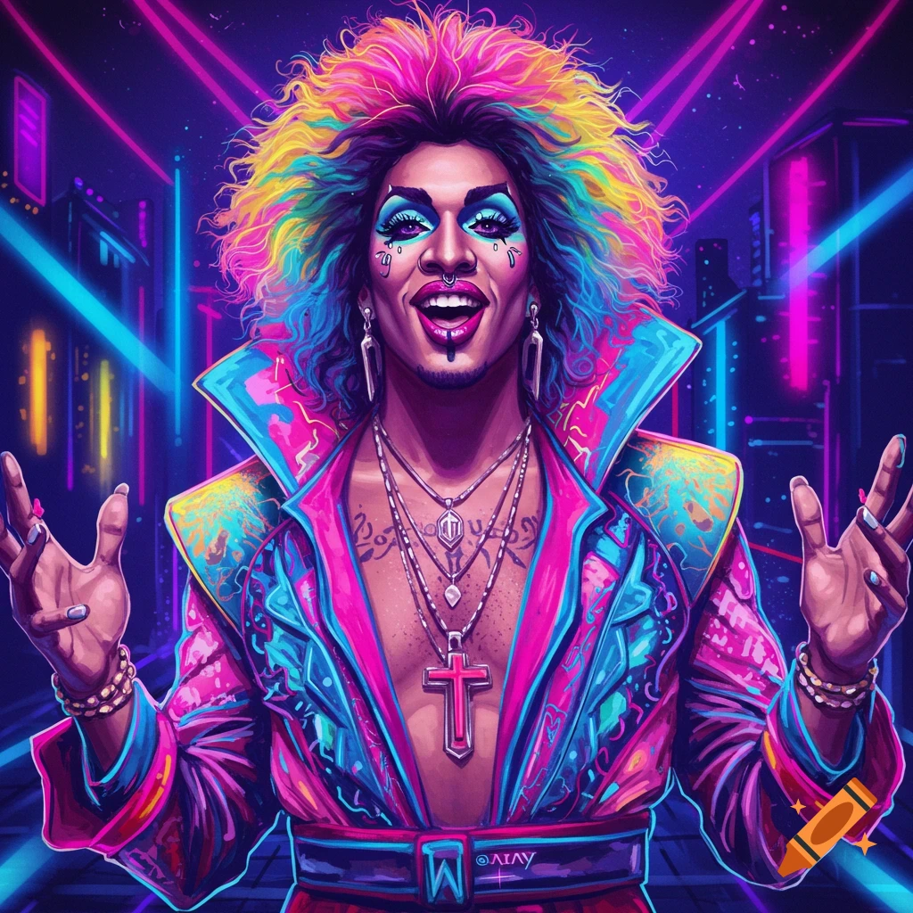 A person in colorful drag with wild hair and makeup is shown against a neon cyberpunk city background.