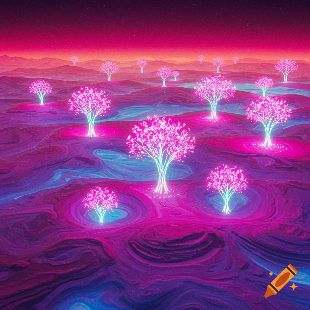 Digital landscape art with glowing pink trees and swirling purple and blue ground under a vibrant sky.