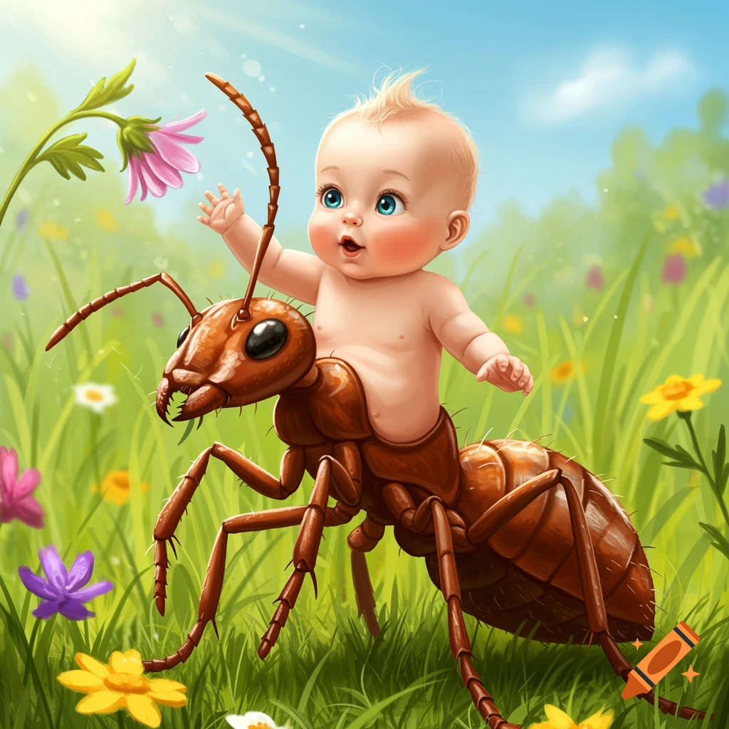 Whimsical illustration of a baby riding a large ant in a meadow.