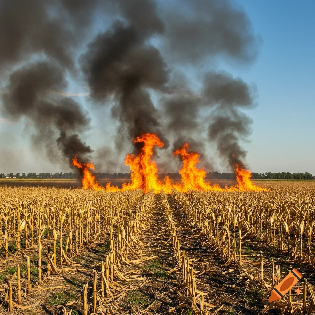 A dry corn field is engulfed in flames with thick black smoke billowing into the sky under a clear blue sky.
