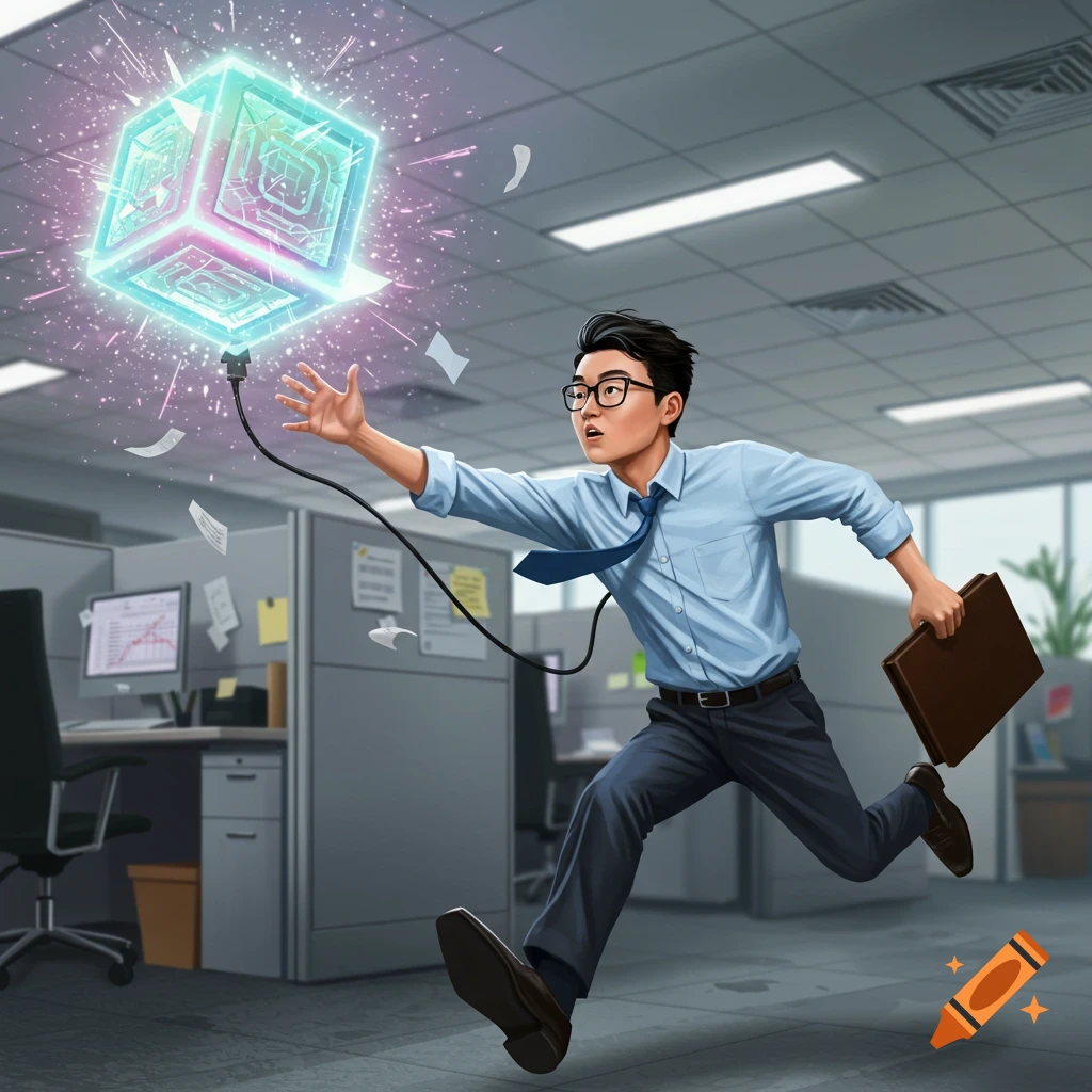 an office worker running and reaching for a glowing cube plugged into a cord in an office.