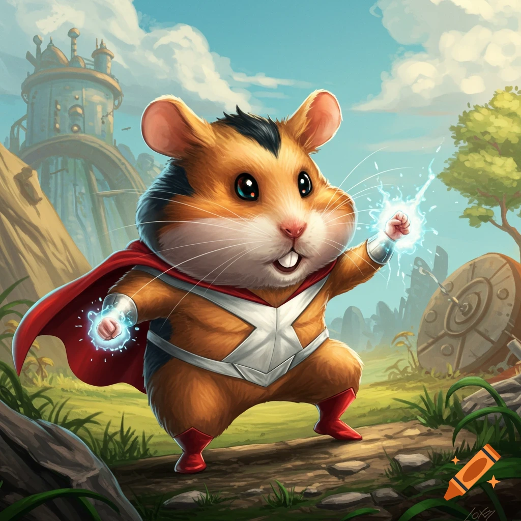 A hamster superhero shoots energy from its hands in a fantasy landscape.