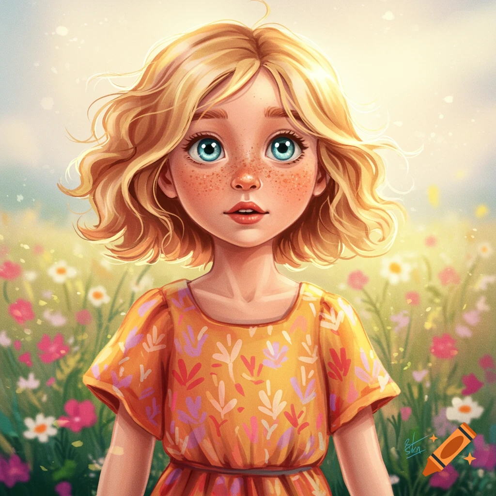 A young girl with blonde hair and freckles is standing in a field of wildflowers.