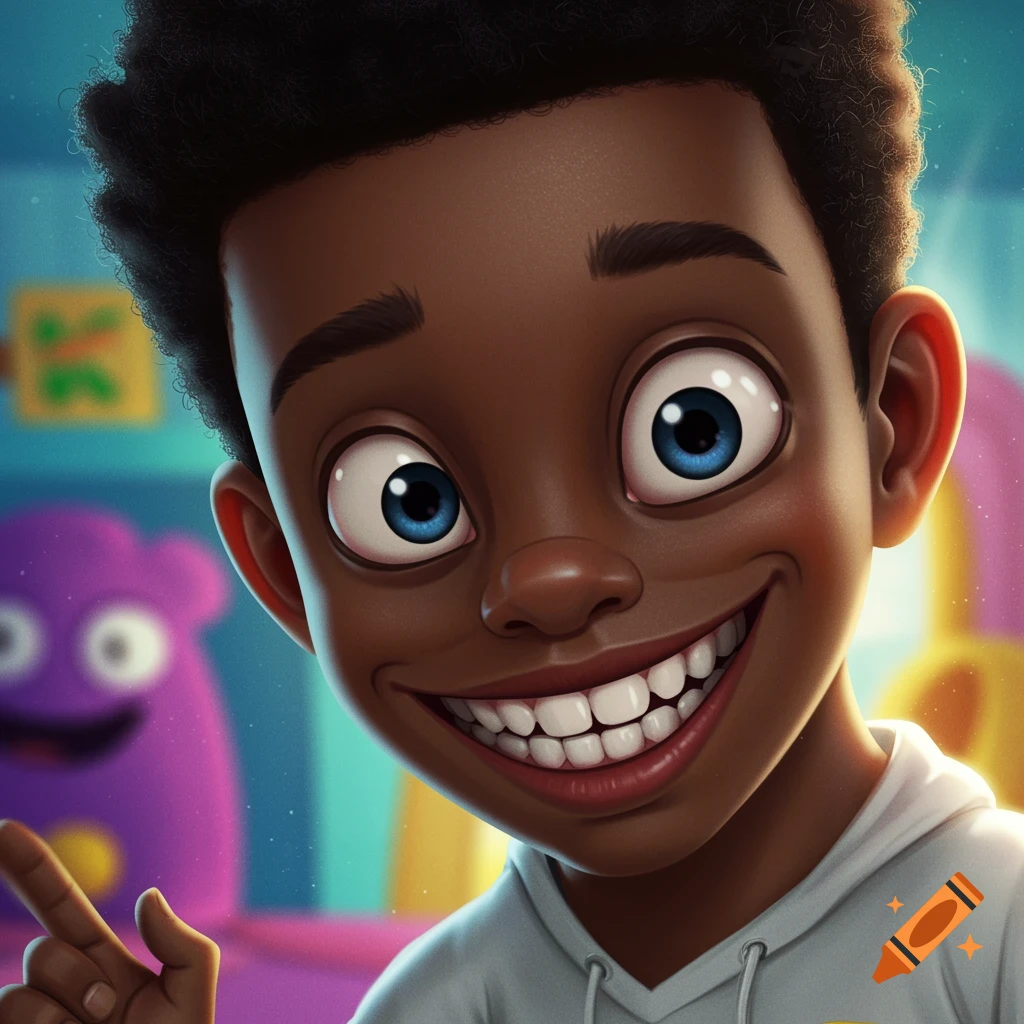 A cartoon portrait of a smiling boy pointing his finger.