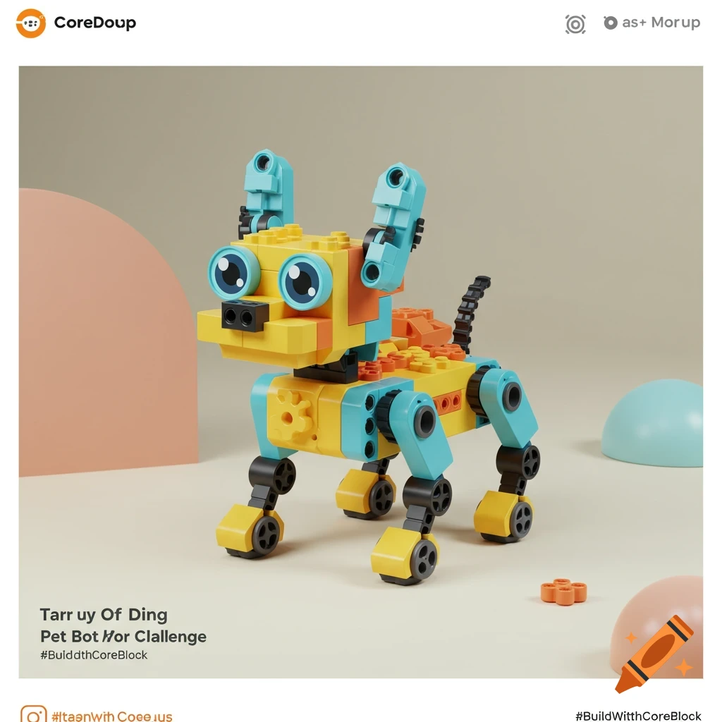 A yellow and blue Lego-like robot dog stands on a surface with pastel shapes.