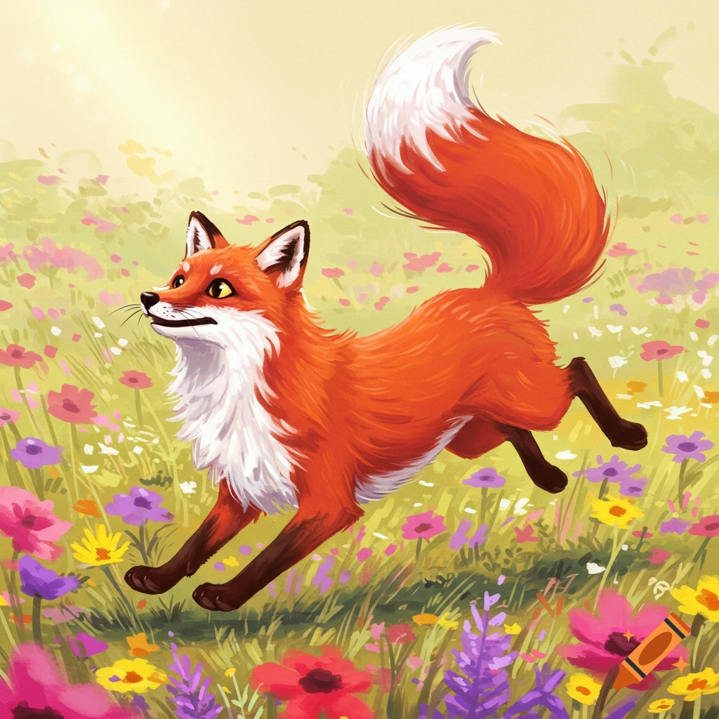 A fox running through a field of colorful flowers.