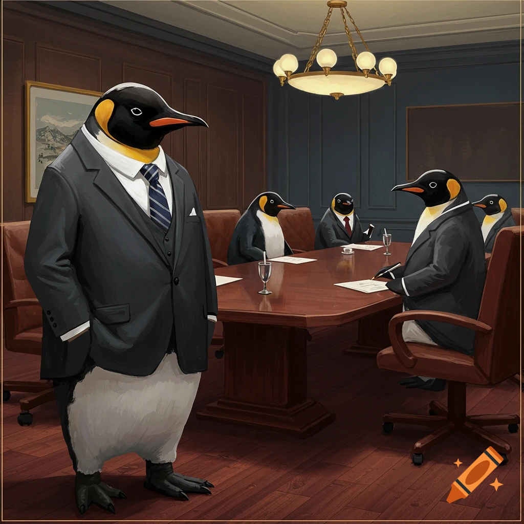 A group of penguins in suits are having a business meeting in a boardroom.