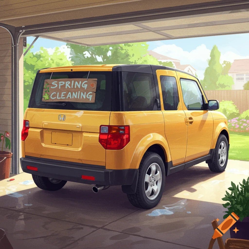 A yellow Honda Element is parked under a garage door. A sign on the window says 'Spring Cleaning'.
