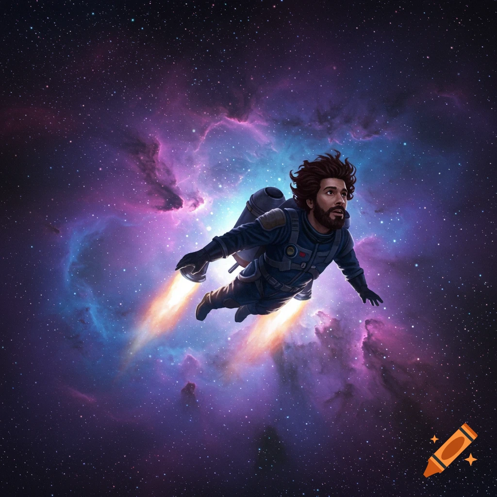 A man flying through space with a jetpack, surrounded by nebulas and stars.