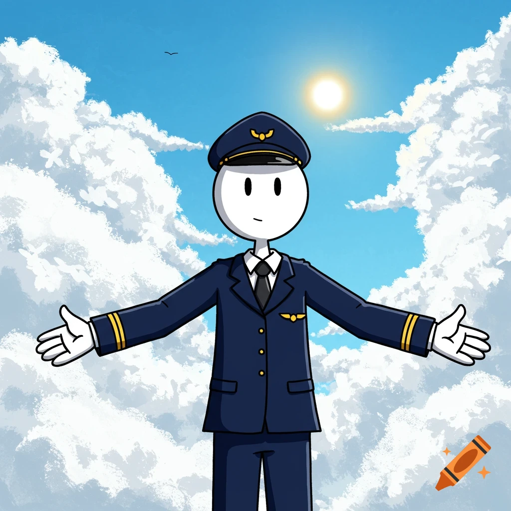 A cartoon stickman pilot stands in the clouds with arms outstretched.