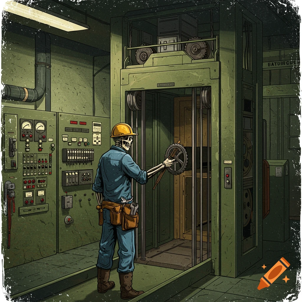 A skeleton mechanic works on a gear-driven elevator machine in an industrial room, in a gritty illustration style.