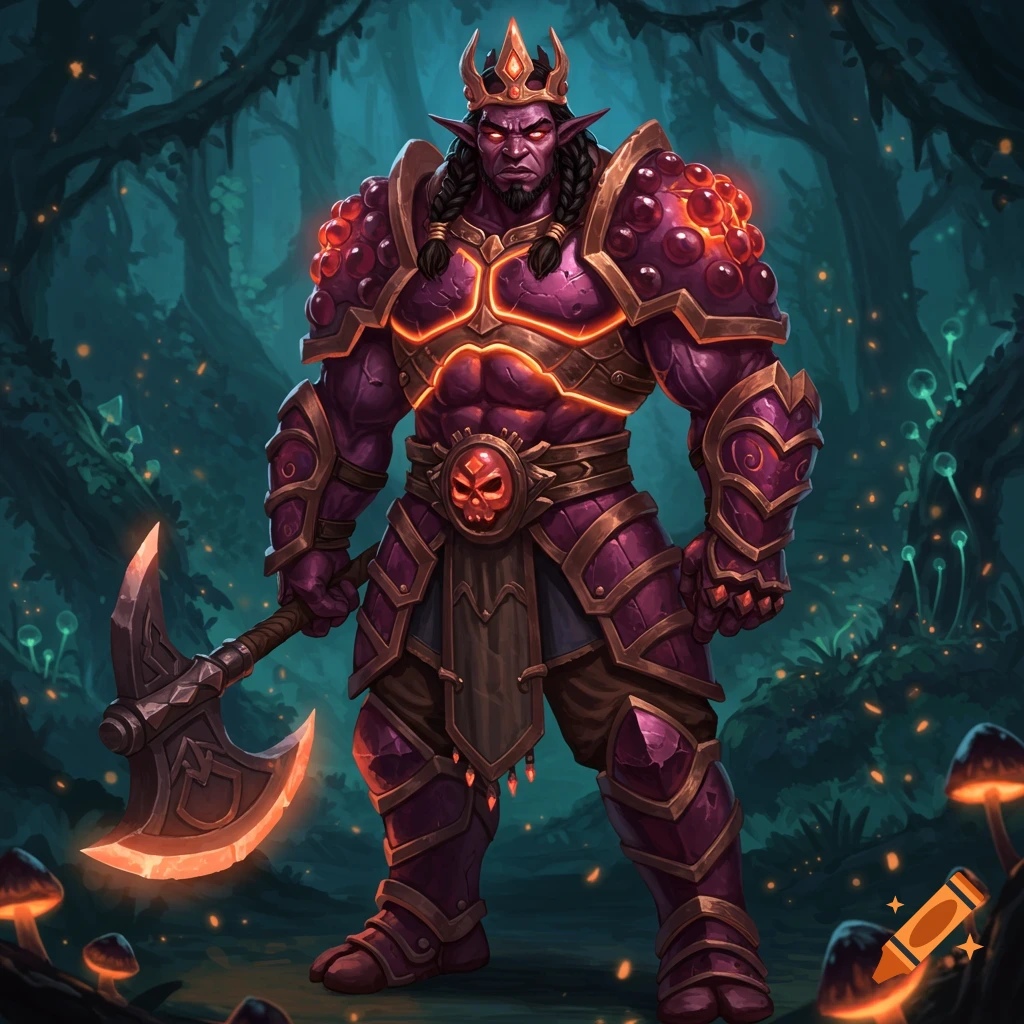 Purple-skinned fantasy warrior king in glowing armor holding an axe in a dark forest. Digital art.
