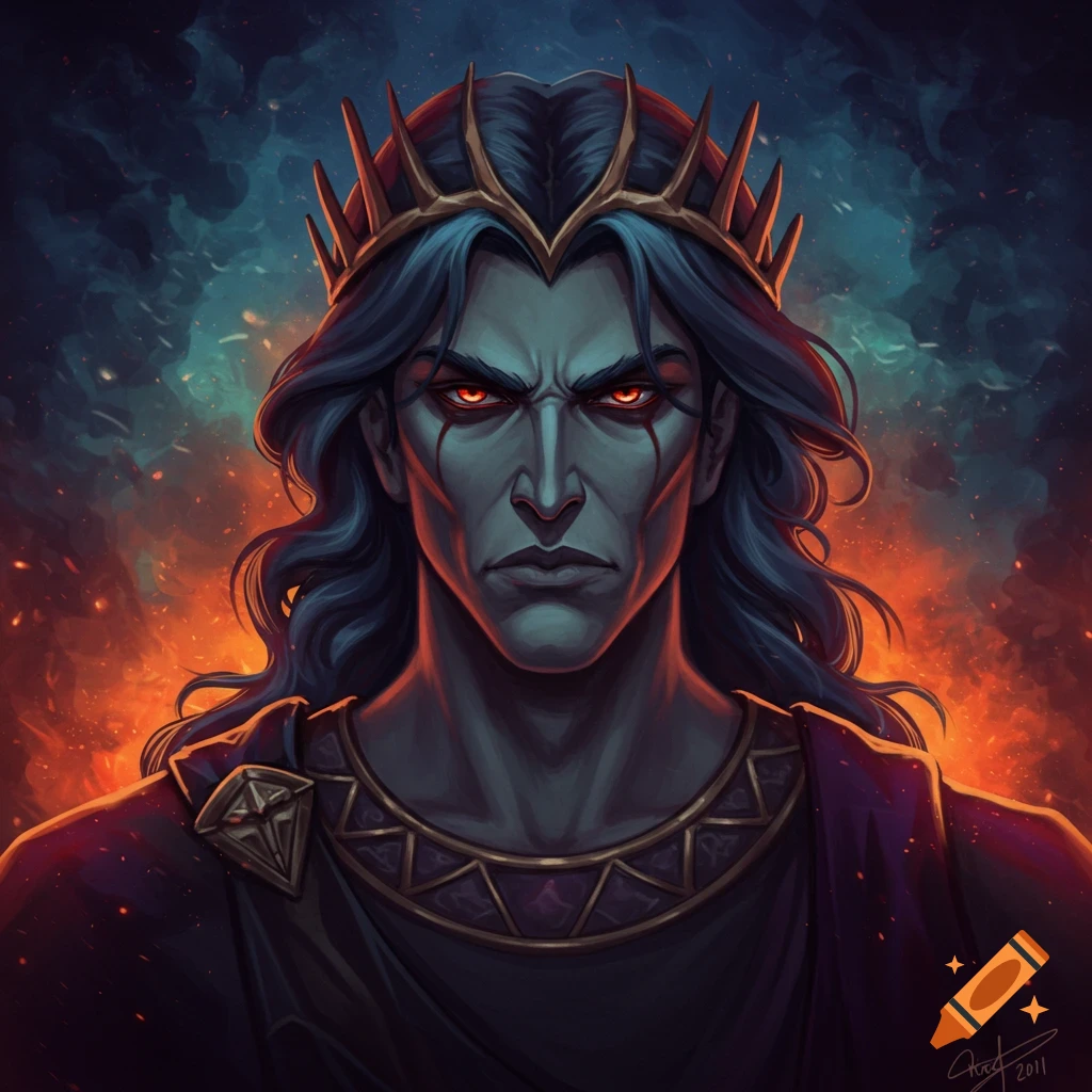 Portrait of a dark fantasy king with a gold crown against a fiery background.