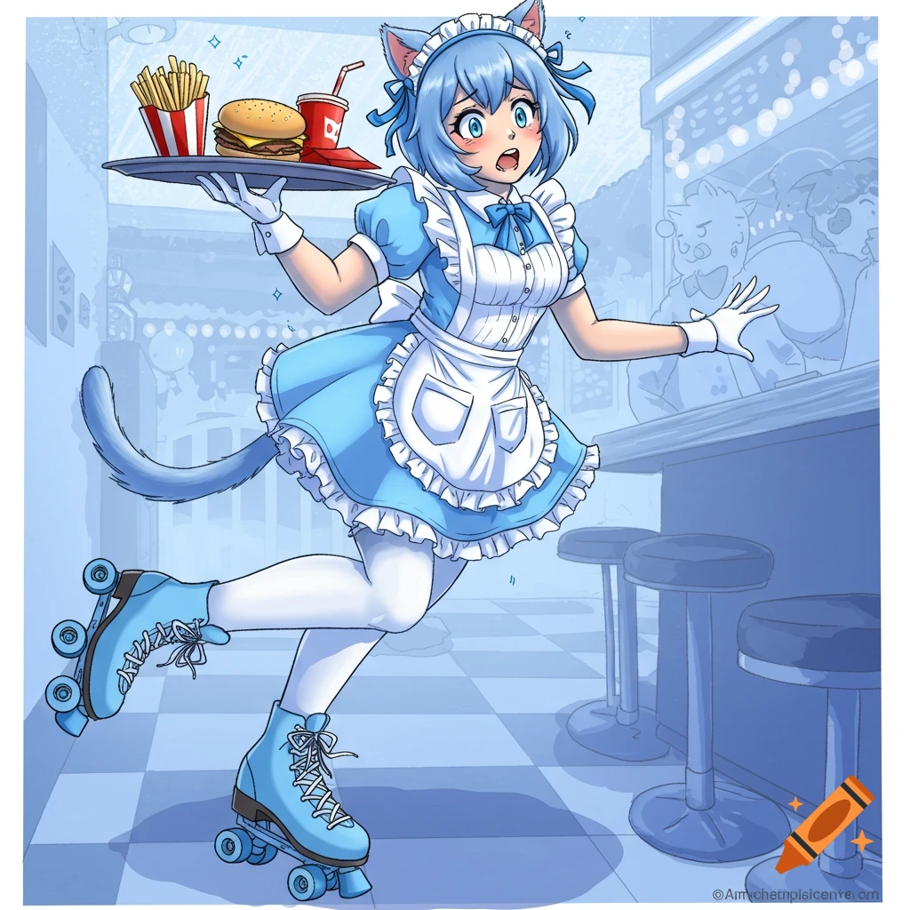Anime style catgirl waitress on roller skates carrying a tray of food in a diner.