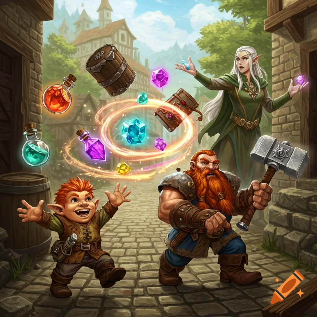 Fantasy illustration of an elf, dwarf, and gnome with floating magic items in a town street.