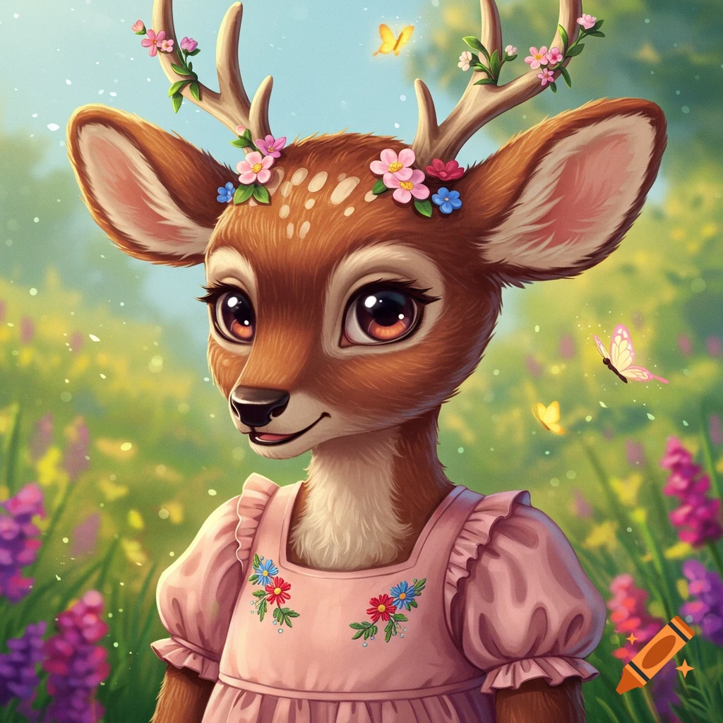 A cute female deer in a pink dress in a flower meadow with butterflies.