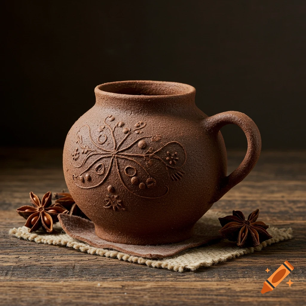 Rustic clay pot with embossed decoration and star anise on a wooden table.