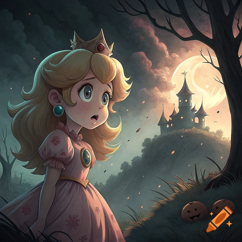 Princess Peach looking scared in a spooky landscape with a castle and full moon.