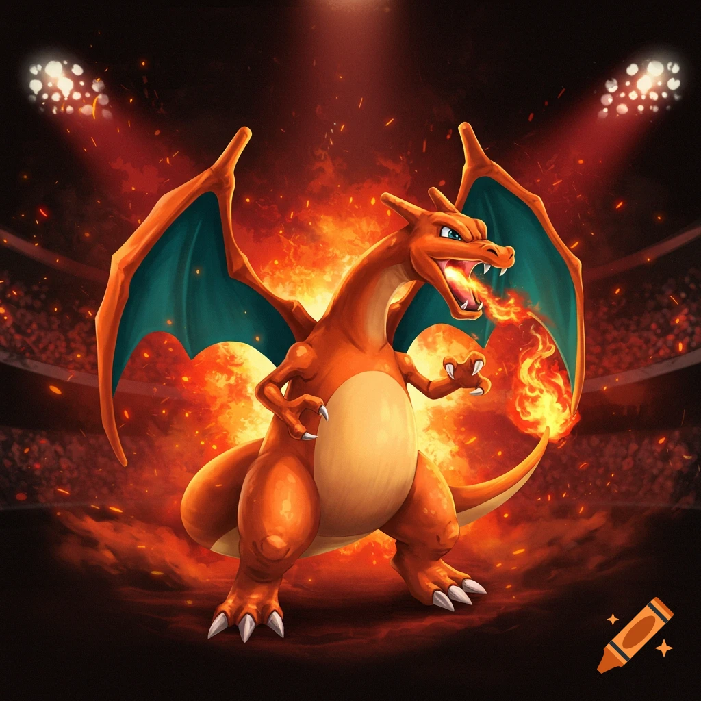 The Pok
00e9mon Charizard breathing fire in a stadium.