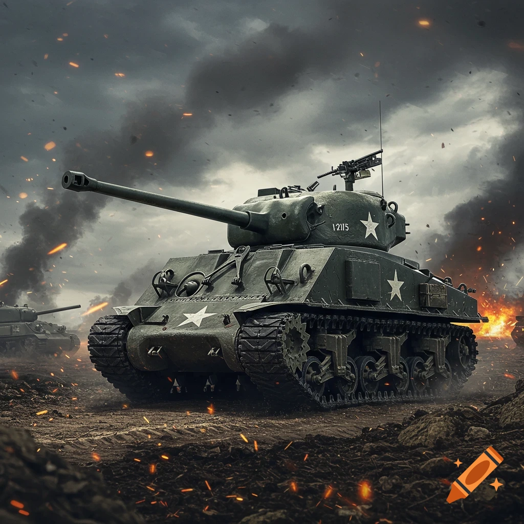 A WW2 tank in a smoky battle scene