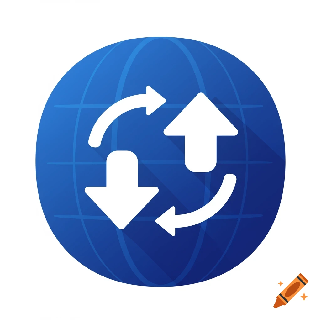 A 2D icon of a blue globe with white circular arrows showing upload and download.