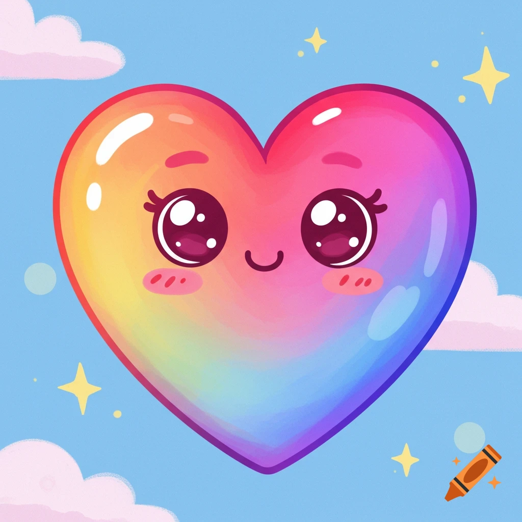 A cute cartoon rainbow heart with a face, floating in a blue sky with clouds and stars.