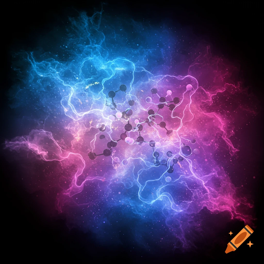 A molecule is surrounded by swirling pink and blue energy.