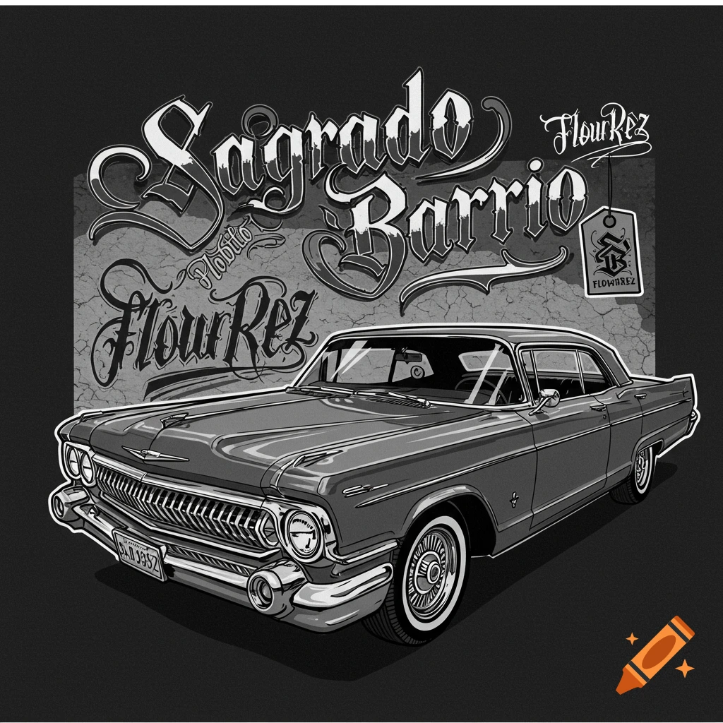 Black and white illustration of a classic lowrider car with elaborate typography reading "Sagrado Barrio" and "FlowRez".
