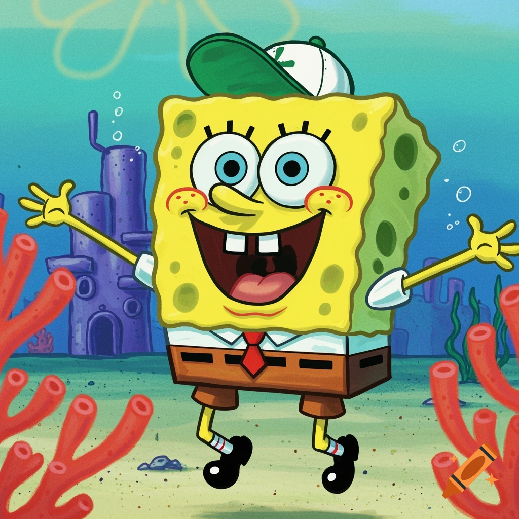 Happy Spongebob Squarepants jumping with arms wide, wearing a green baseball cap in an underwater scene.