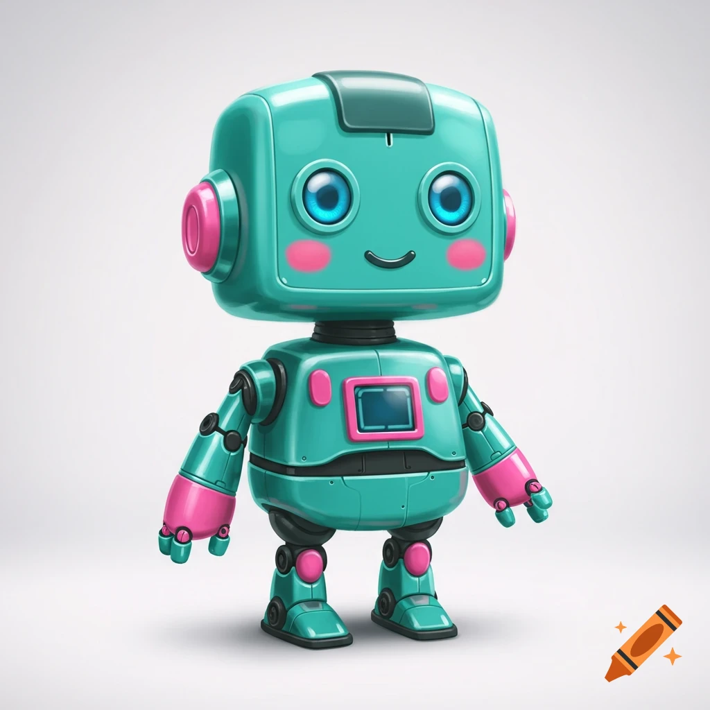 A cute teal and pink robot with blush cheeks stands.