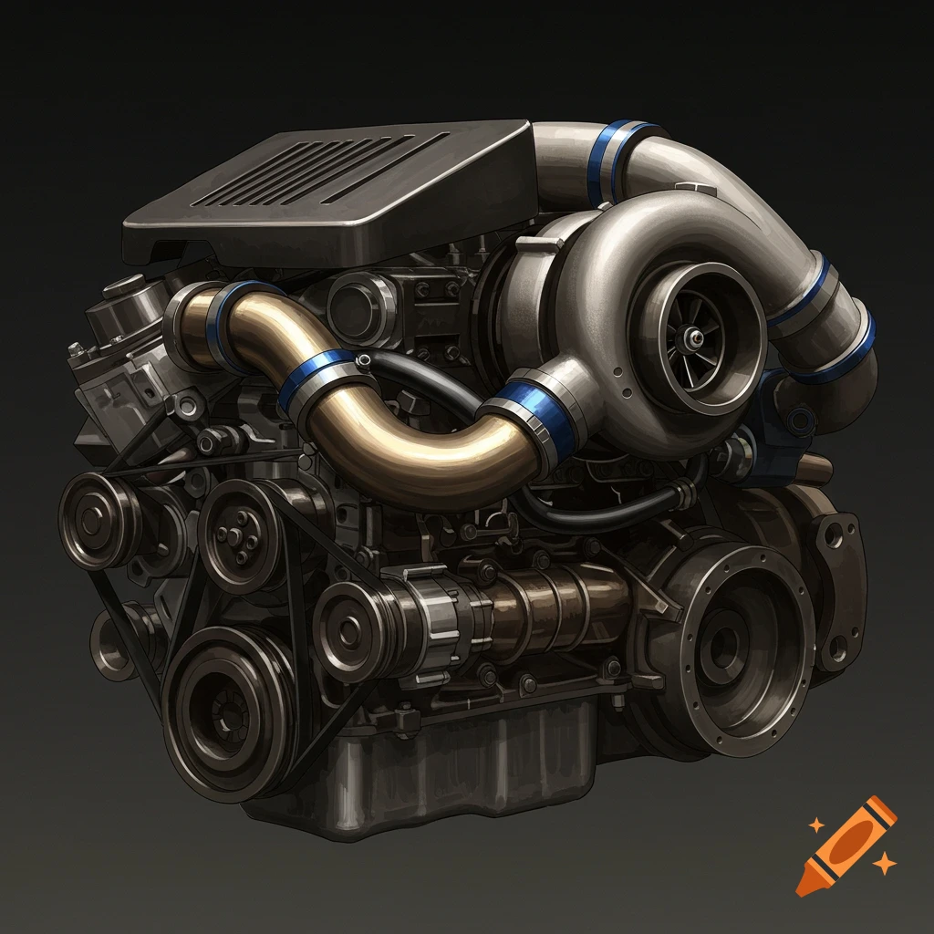 A detailed illustration of a diesel turbo engine.