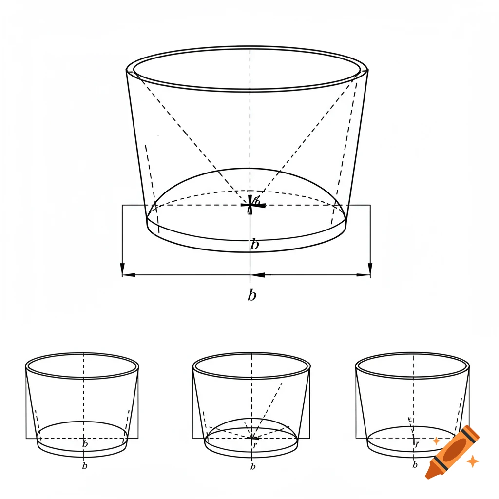 Technical line drawings of a frustum shape with dimensions and labels.