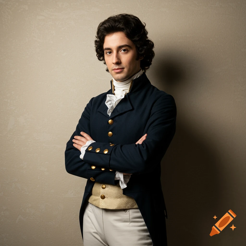 A man in neoclassical clothing poses for a portrait.