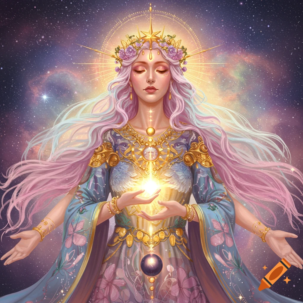 A goddess with pink hair, a crown, and ornate robes holds a light in a starry nebula.