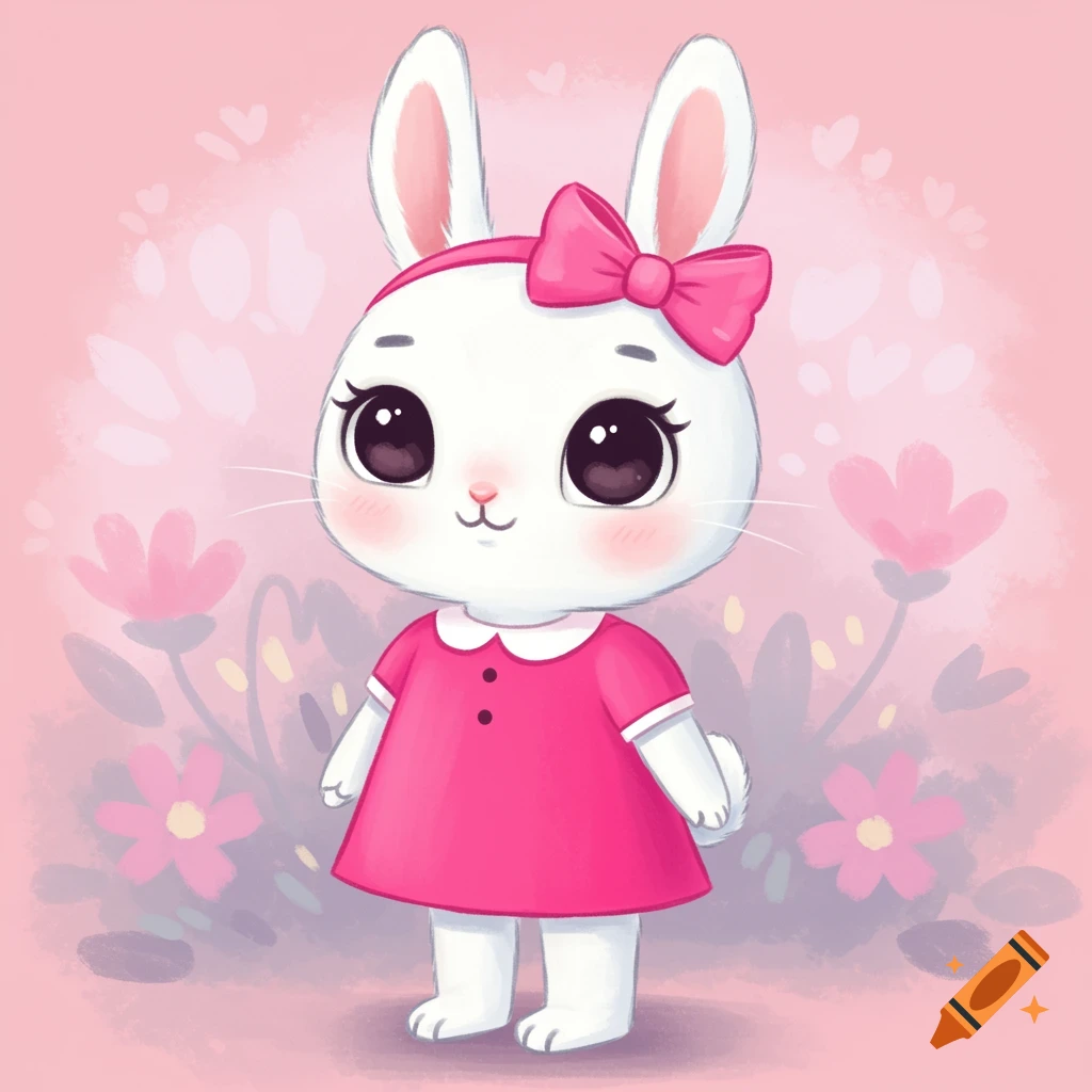 Cartoon white bunny in a pink dress and bow, surrounded by pink flowers.
