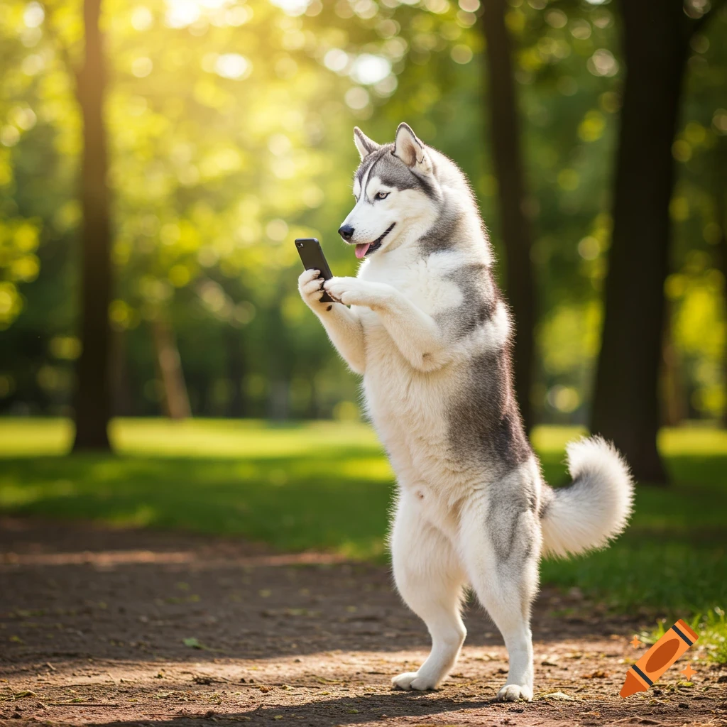 A husky stands on its hind legs in a sunny park, looking at a smartphone held in its paws.