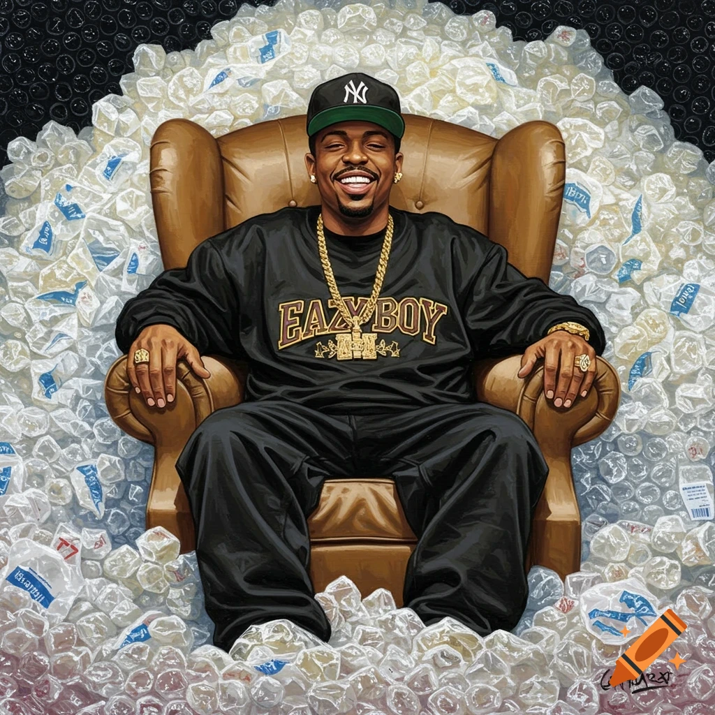 A man wearing a cap and chain is sitting in a brown chair surrounded by bubble wrap.
